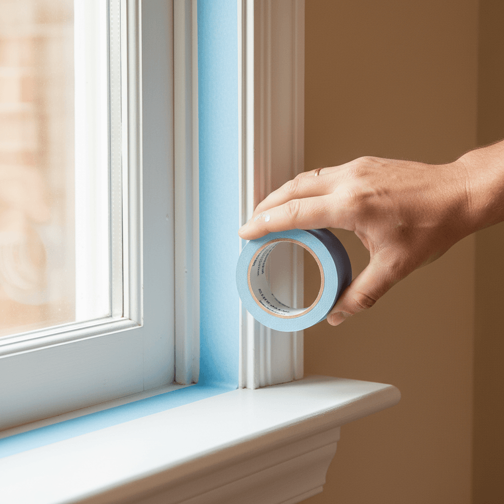 Close-up of painter applying blue tape to window trim, emphasizing careful preparation before painting