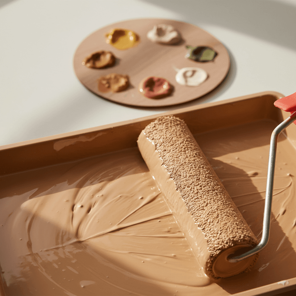 A paint roller loaded with premium paint on a tray, soft natural light highlighting the texture