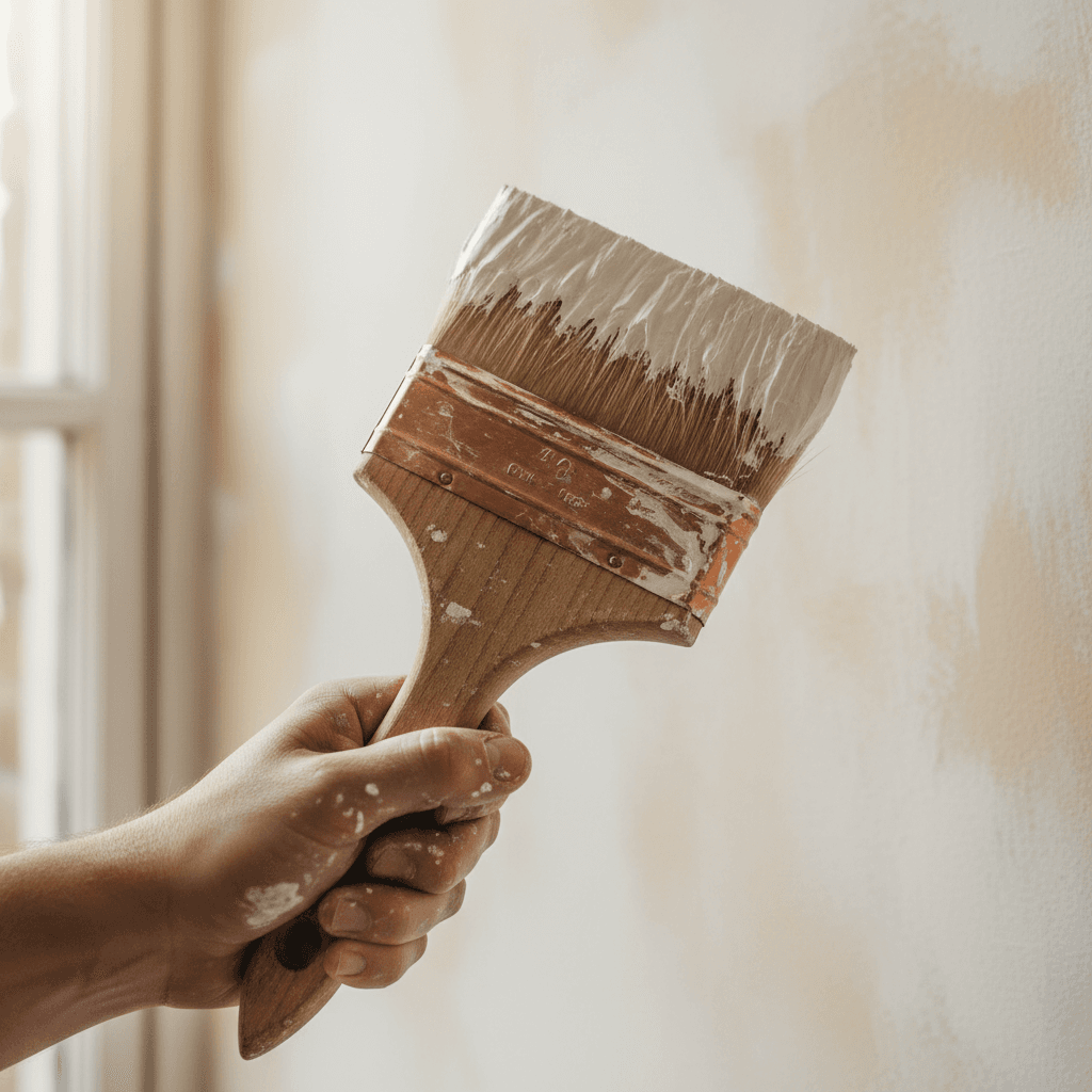 A warm, editorial, close-up shot of a painter's brush cleaning setup on a construction tarp