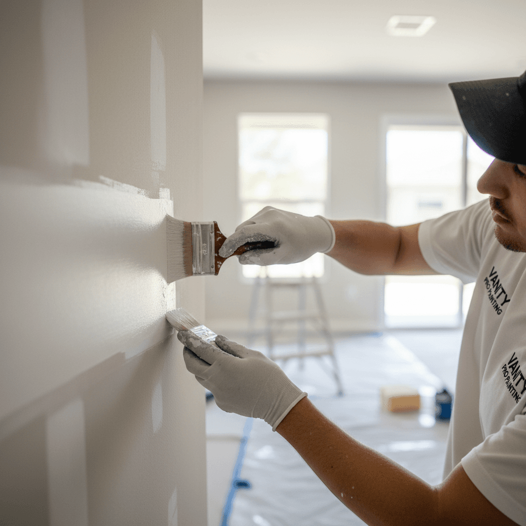 Close-up of a painter carefully applying primer to a wall corner