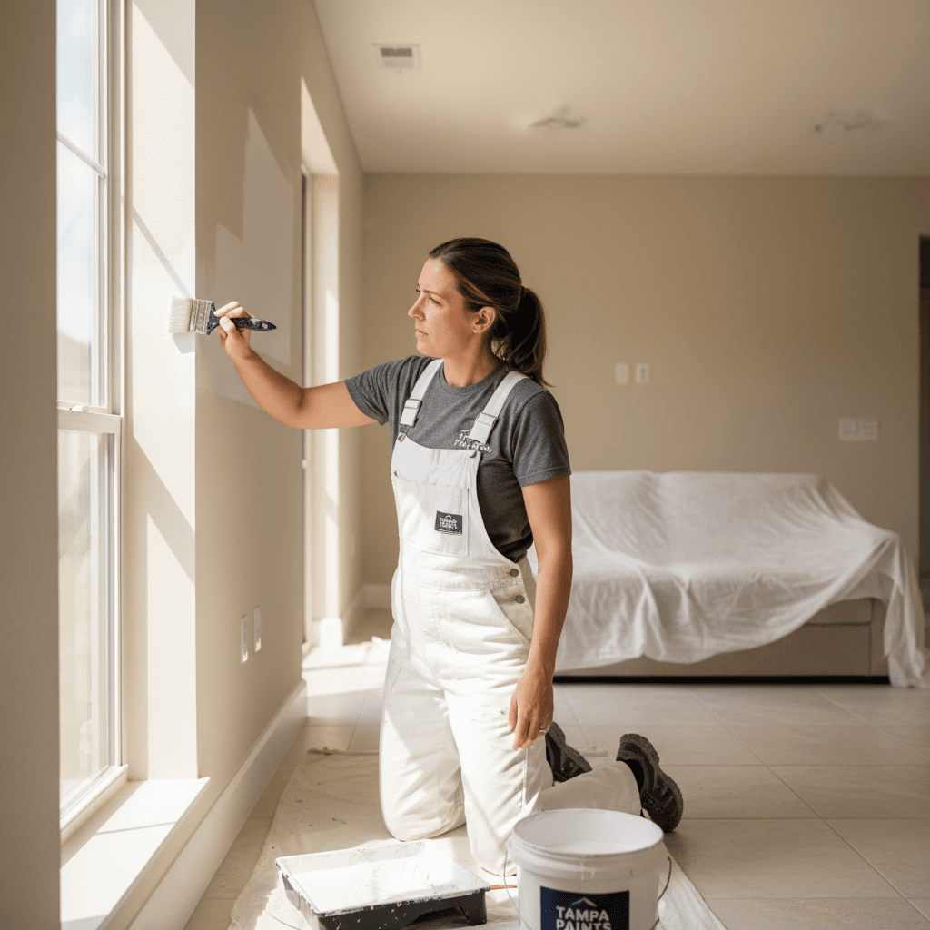 A painter carefully applying primer to a wall corner