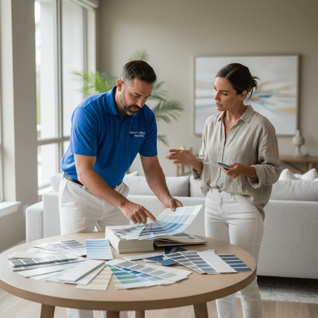 A painter and a homeowner discussing paint colors