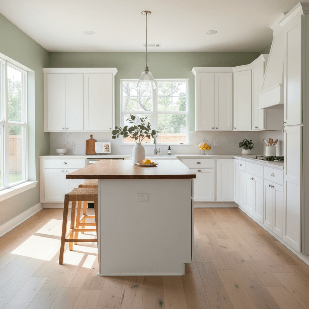 Bright and freshly painted kitchen with soft sage green walls and white cabinets in a South Tampa home