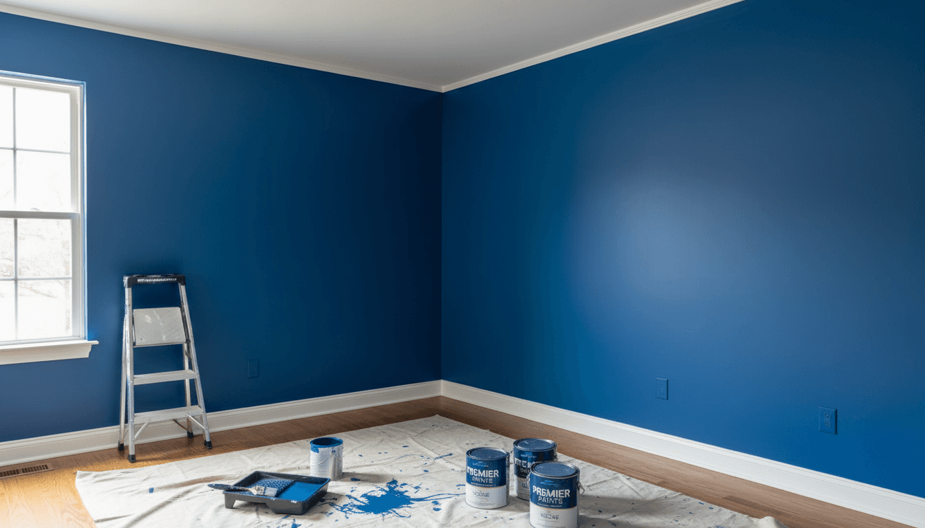 Wide shot of a freshly painted room corner with drop cloth and hardwood floor