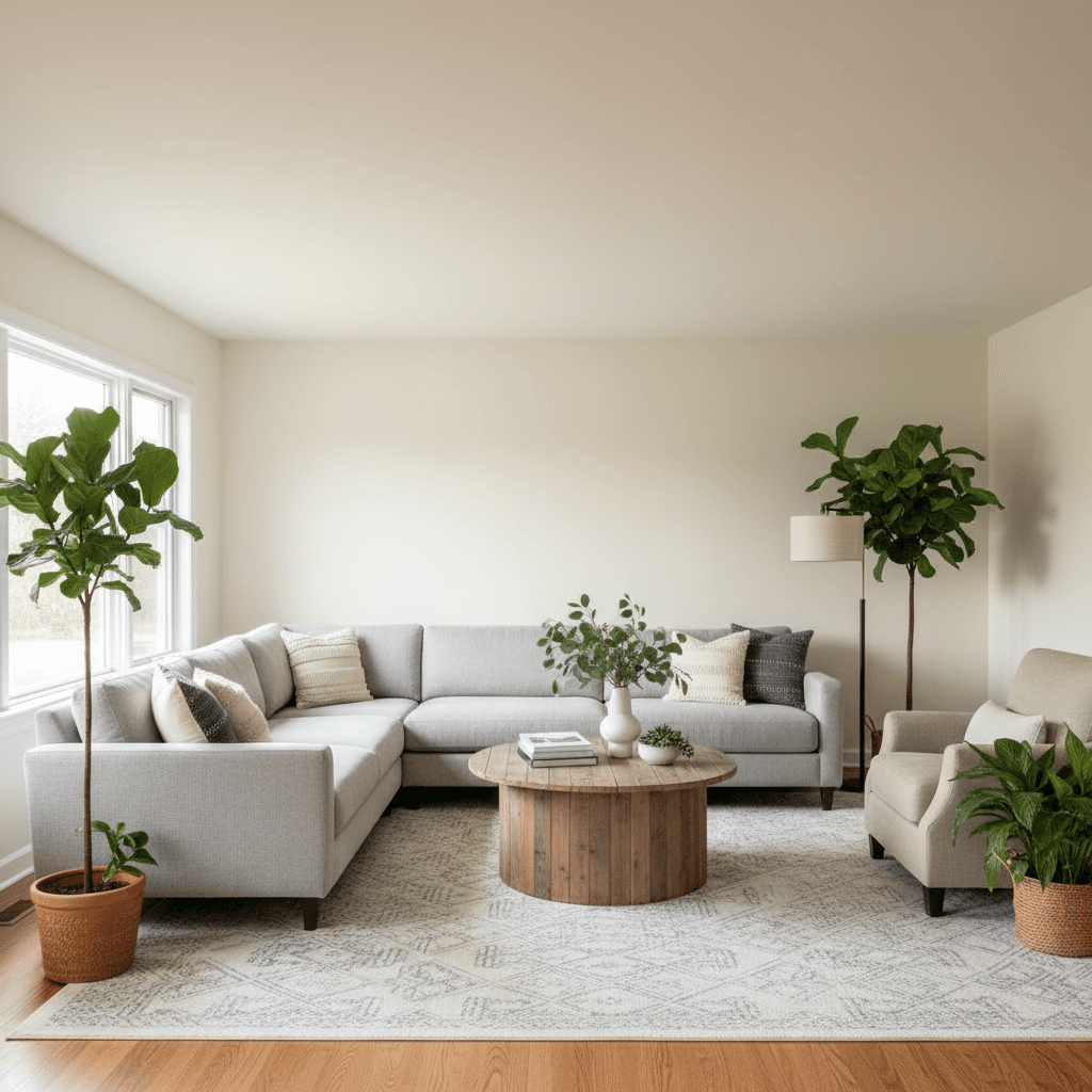Finished living room with warm off-white matte walls, furniture and decor showing a fresh, clean finish