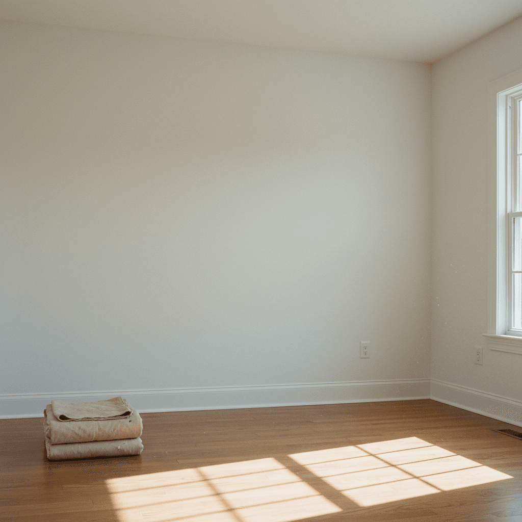 A freshly painted room with clean lines, natural morning light illuminating the smooth finish