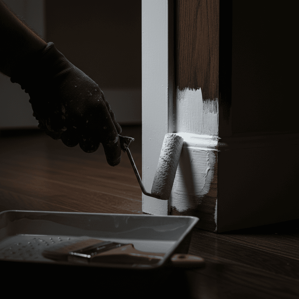 Close-up of gloved painter hand applying first coat of white paint to a wooden baseboard with a small roller