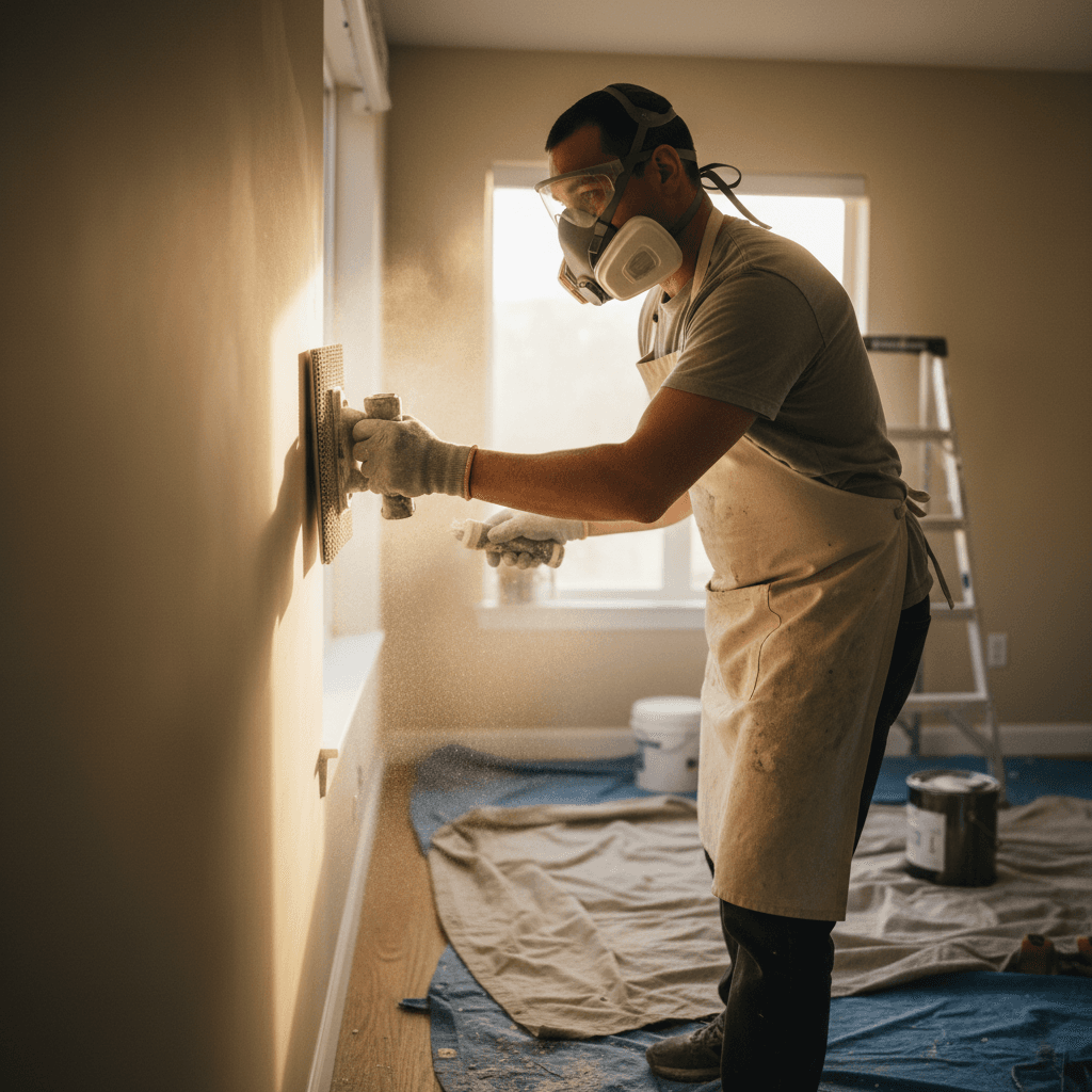 Painter in canvas apron sanding a wall by hand with fine dust catching natural light