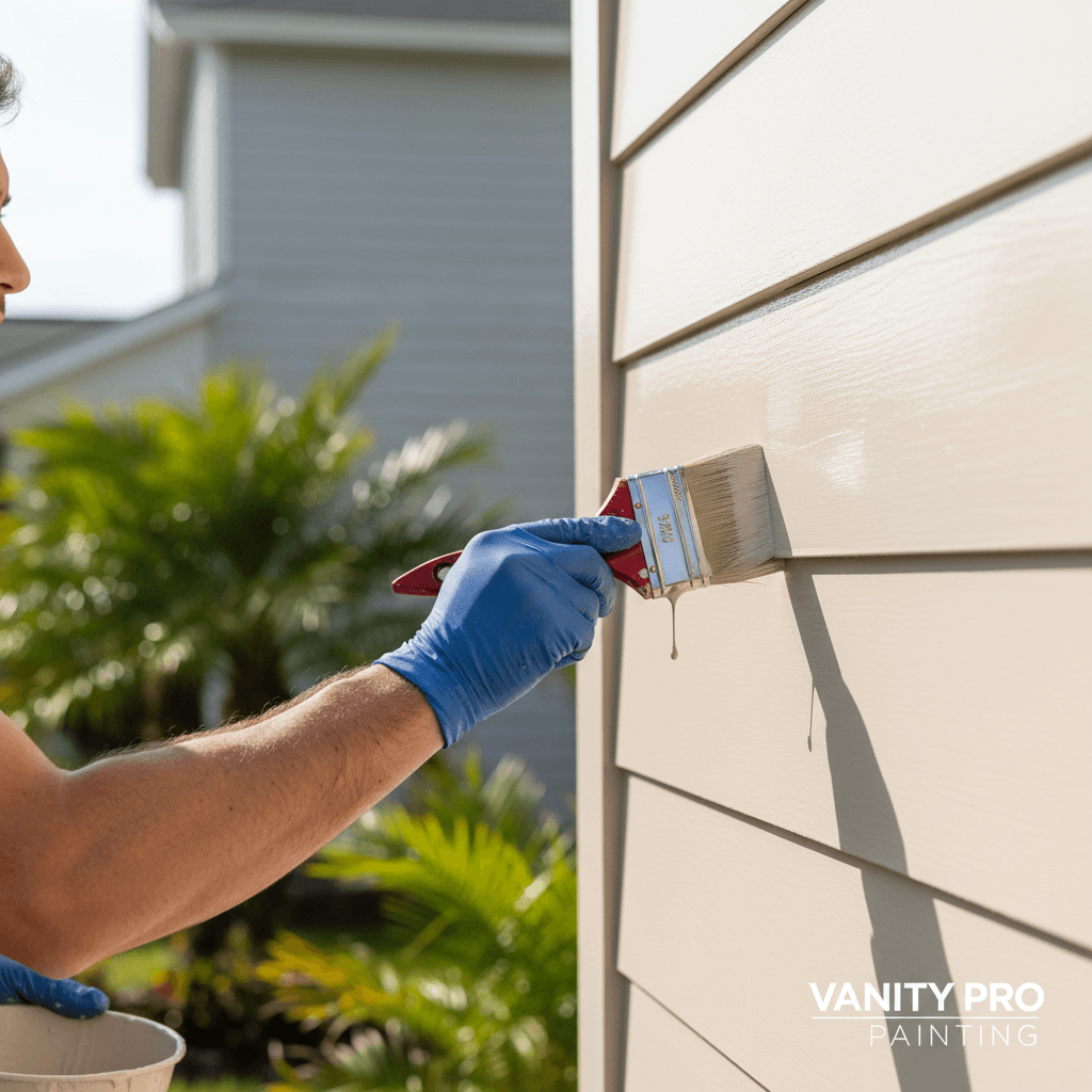 Painter's hands carefully applying fresh exterior paint to home siding with precision brush technique