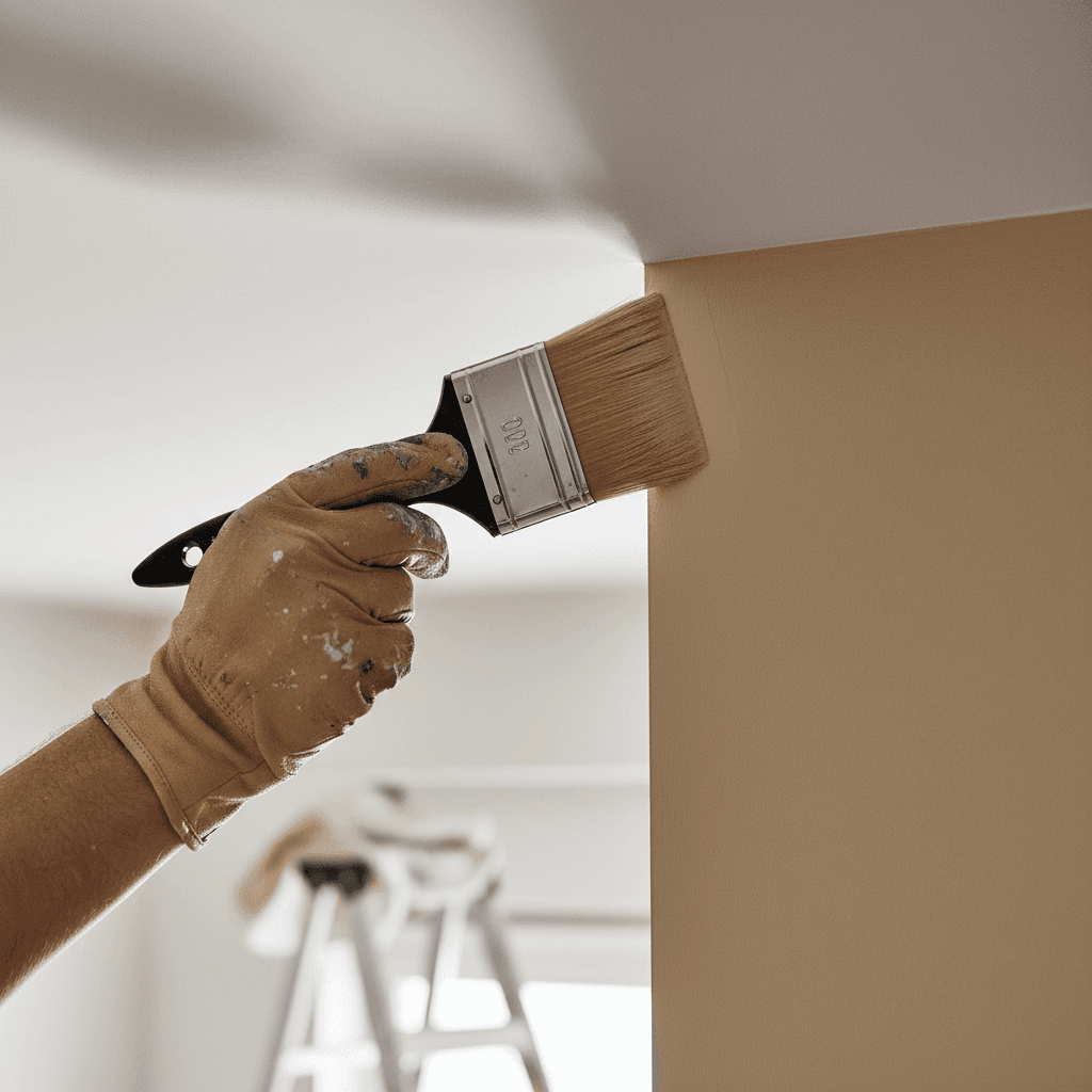 Close-up of a painter cutting in along a ceiling line with a brush, showing a clean sharp edge