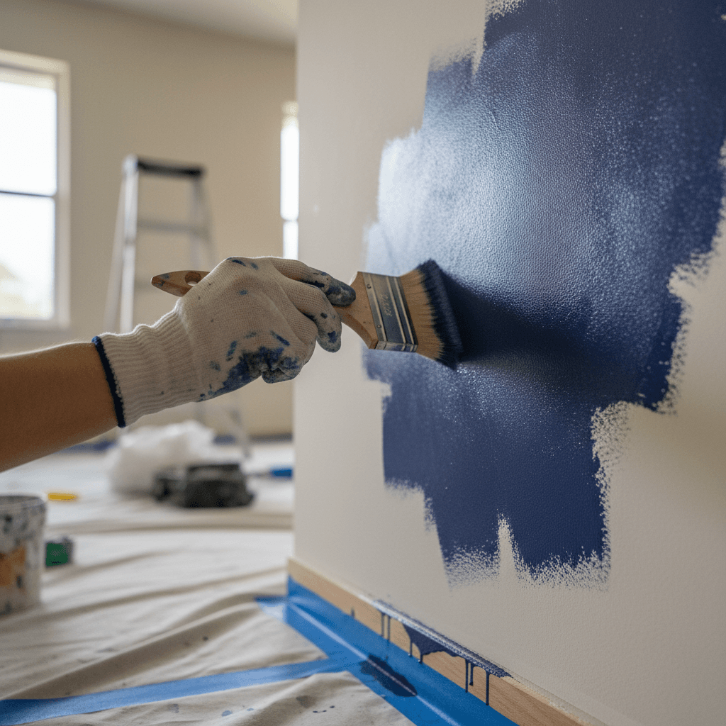An editorial, slightly moody, medium shot of a painter using a roller on an exterior wall of a Tampa home