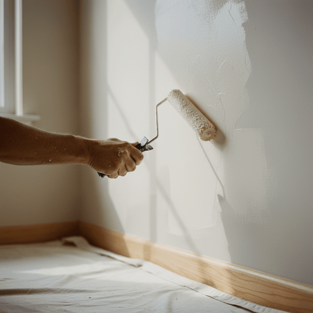 Painter sanding a ceiling corner with a sanding pole, dust in the air