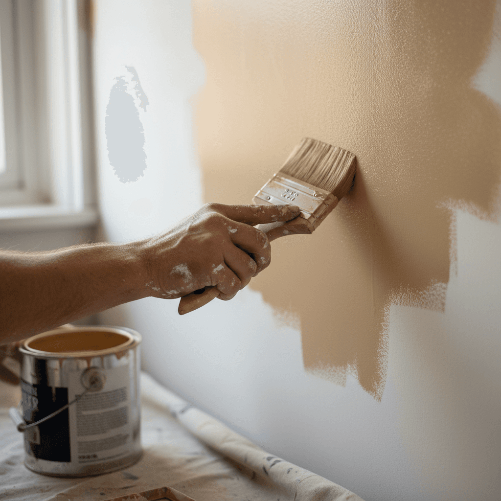 Painter's hands applying tape to a window frame