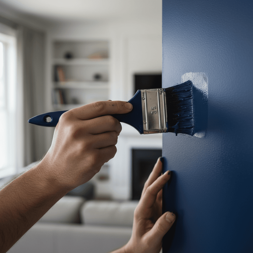 Paintbrush dipped in premium blue paint