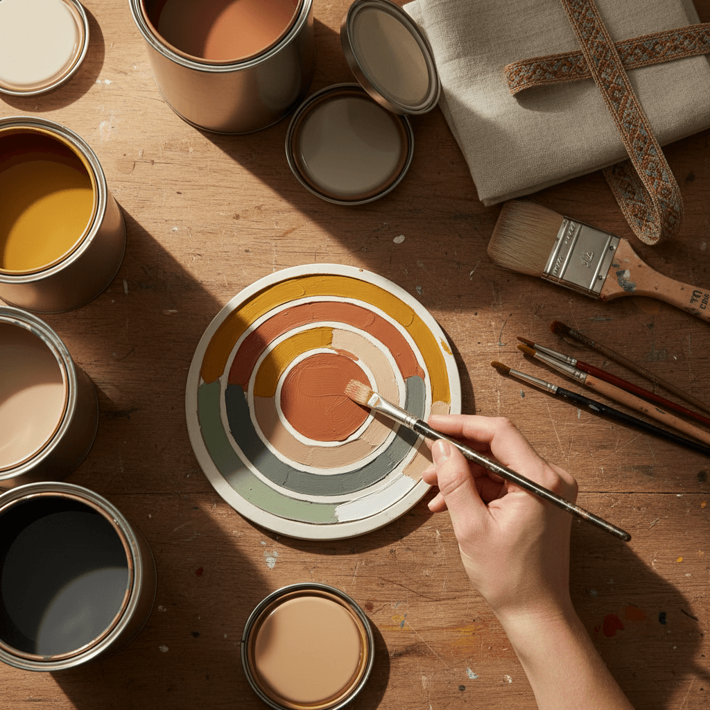 Painting tools arranged on a drop cloth