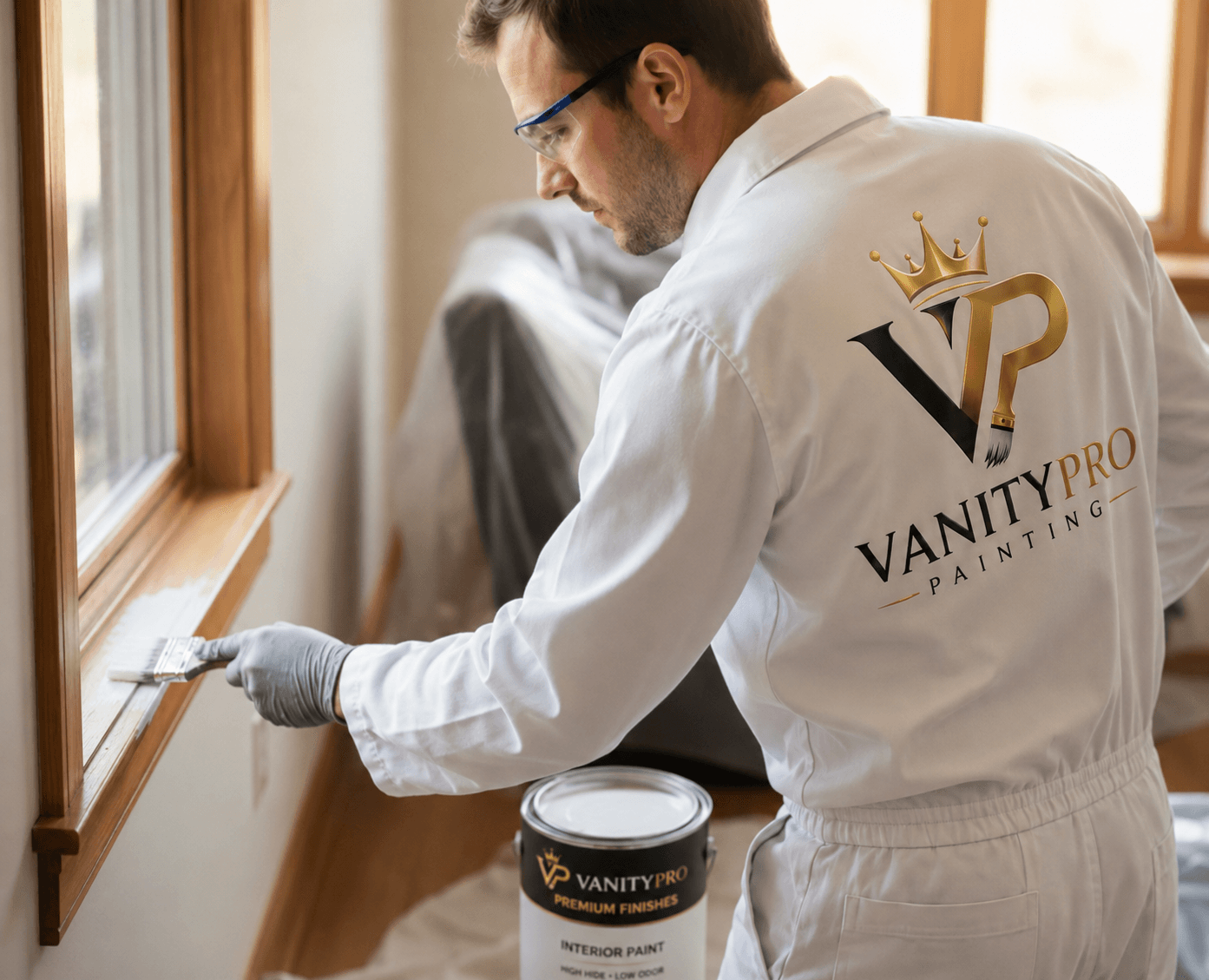 Painter in a white VanityPro uniform applies white paint to a wooden window frame.