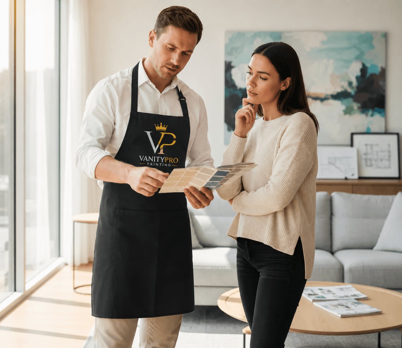 Professional painter showing color swatches to a woman in a modern, sunlit living room.